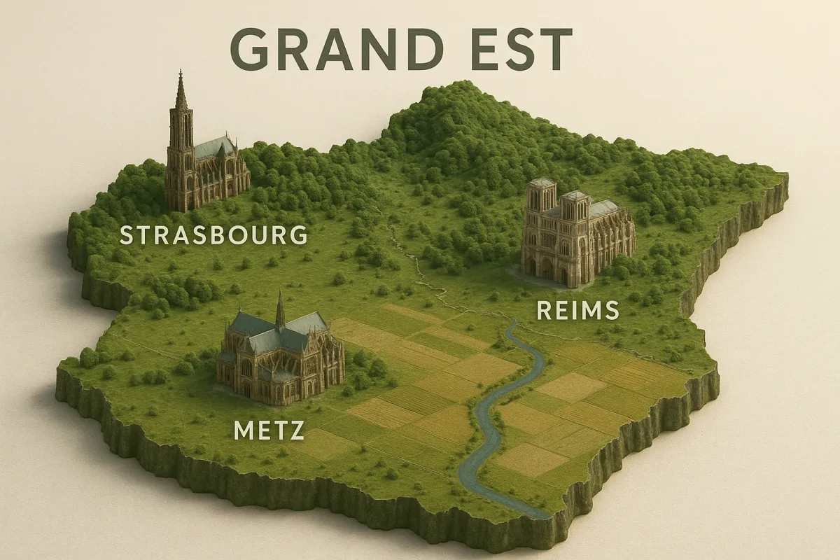 Carte topographique 3D de la région Grand Est avec Strasbourg, Metz et Reims