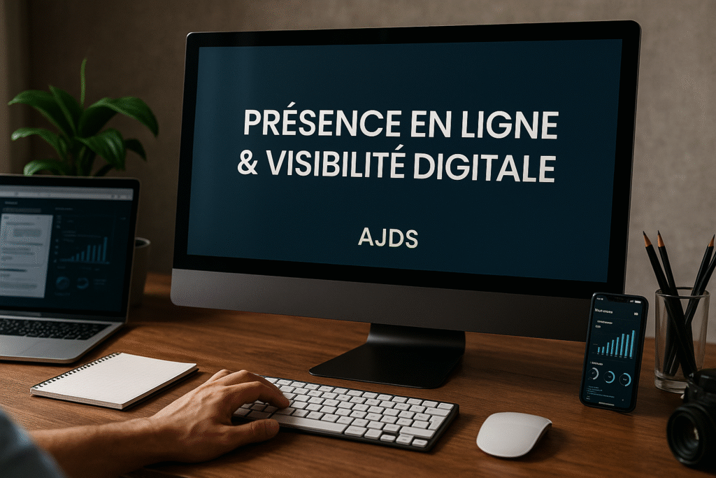 Bureau moderne avec ordinateur et smartphone montrant des statistiques, symbolisant la présence en ligne, la visibilité digitale et l’optimisation de la stratégie marketing digitale — AJDS.
