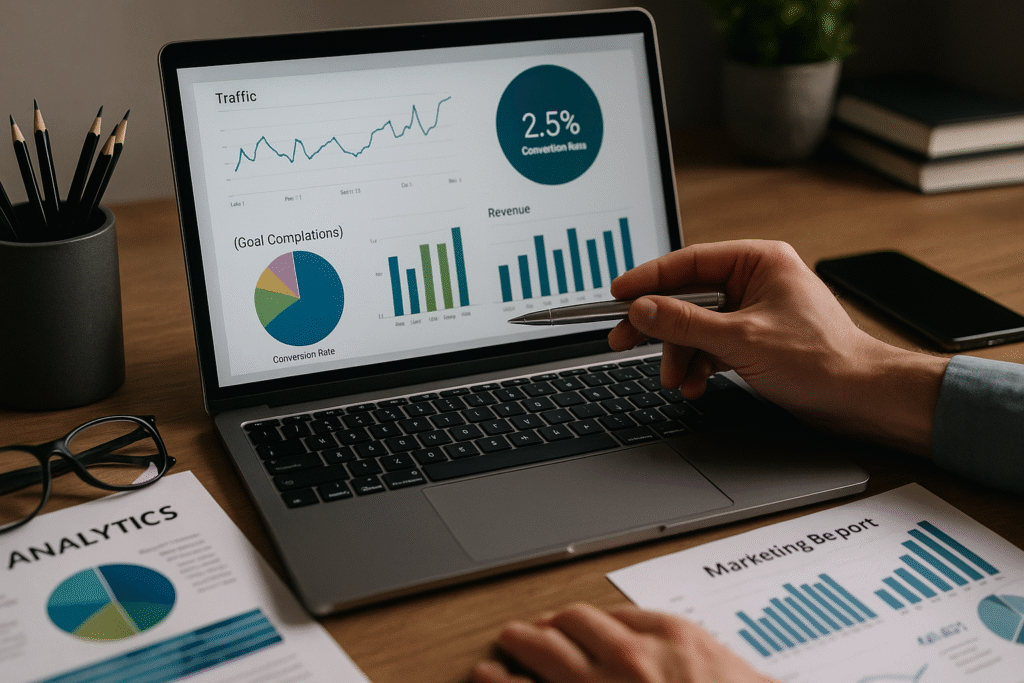 Ordinateur portable affichant des graphiques de trafic, taux de conversion et revenus, représentant le suivi de performances marketing, les KPIs et l’analyse de données marketing — AJDS.