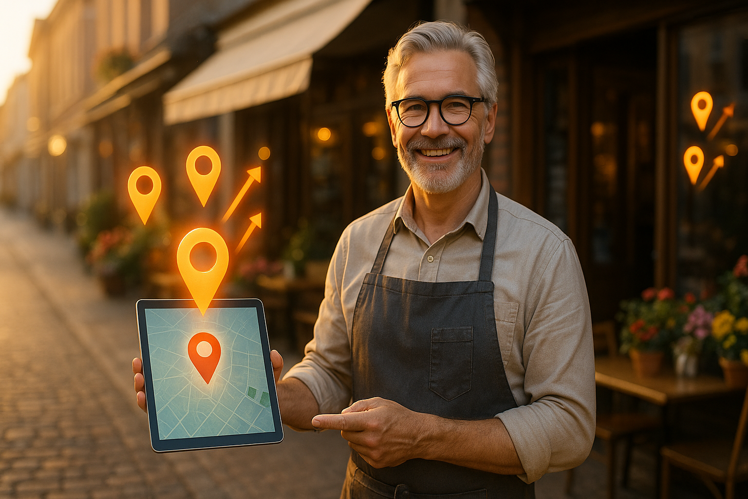 Homme souriant devant son café, tenant une tablette affichant une carte avec des icônes de repères géolocalisés et des flèches ascendantes, illustrant l’efficacité du SEO local.Homme souriant devant son café, tenant une tablette affichant une carte avec des icônes de repères géolocalisés et des flèches ascendantes, illustrant l’efficacité du SEO local.