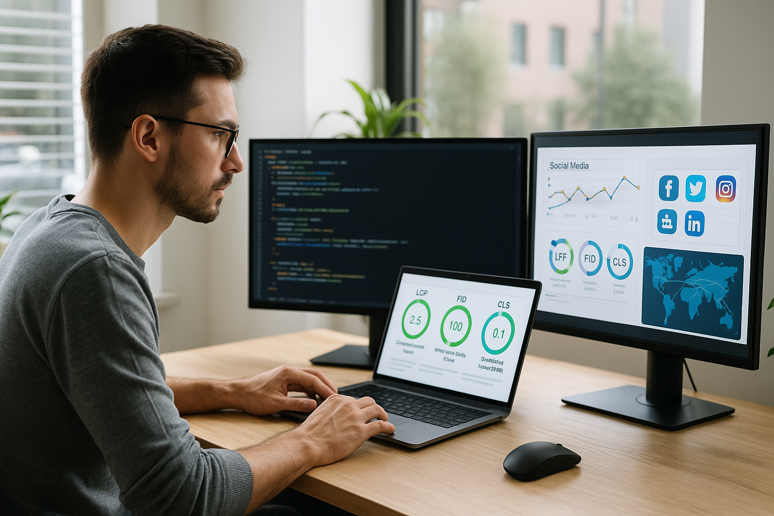 Un développeur concentré assis à un bureau moderne avec trois écrans : l’un affiche du code, le deuxième des indicateurs Core Web Vitals (LCP, FID, CLS) et le troisième un tableau de bord de réseaux sociaux, sous une lumière naturelle avec une plante en arrière-plan.