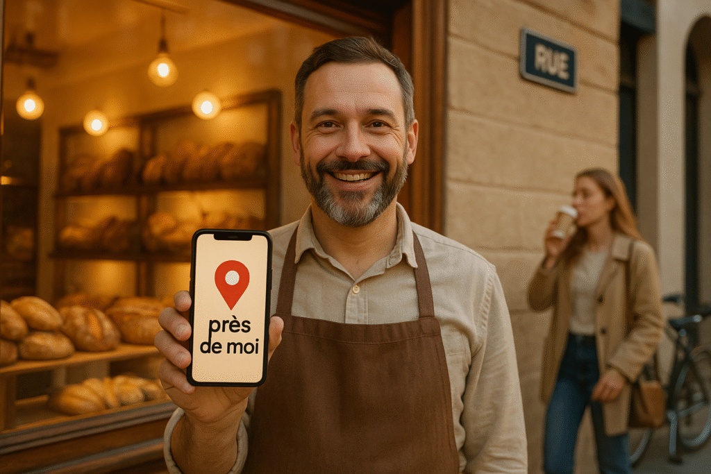 Souriant commerçant local devant sa boutique, tenant un smartphone affichant un pin Google Maps avec le texte “près de moi”, symbolisant la visibilité grâce au SEO local.