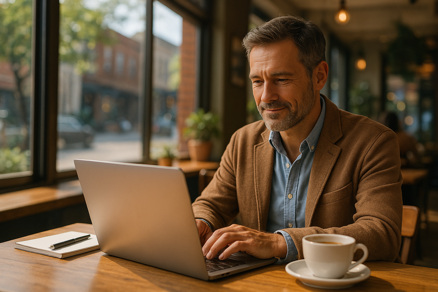 Entrepreneur local travaillant sur son ordinateur portable dans un café lumineux, symbole de la croissance grâce au Local SEO et à la visibilité locale.