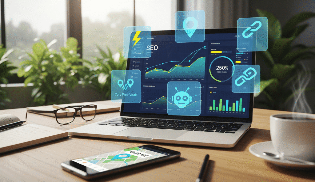 Bureau moderne avec ordinateur portable affichant un tableau de bord SEO, smartphone avec carte « près de moi », carnet, lunettes et café, entourés d’icônes flottantes représentant vitesse, géolocalisation, intelligence artificielle et netlinking.