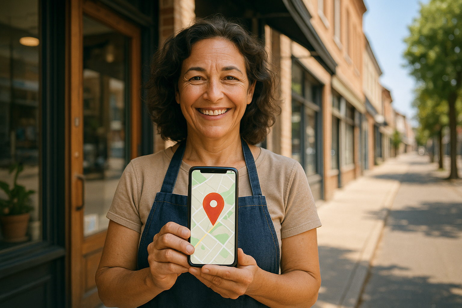 Commerçant local souriant devant sa boutique, tenant un smartphone affichant l’emplacement de son entreprise sur Google Maps, illustrant l’optimisation de la visibilité locale avec AJDS.