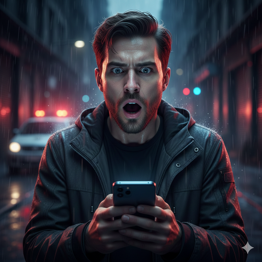 Homme choqué tenant un smartphone dans une rue sombre avec des lumières d'urgence en arrière-plan, illustrant l'urgence d'un dépannage mobile.